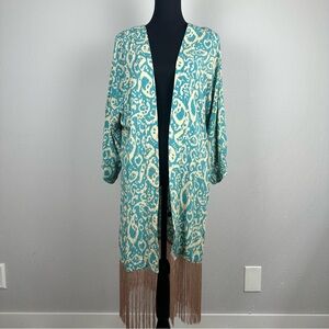 Marwa Kimono Cardigan Cover Up Size Medium Teal Cream Abstract Fringe Hem Boho